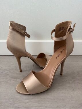 Zigi Soho Rose Gold Satin Open-Toe Ankle-Strap Heels